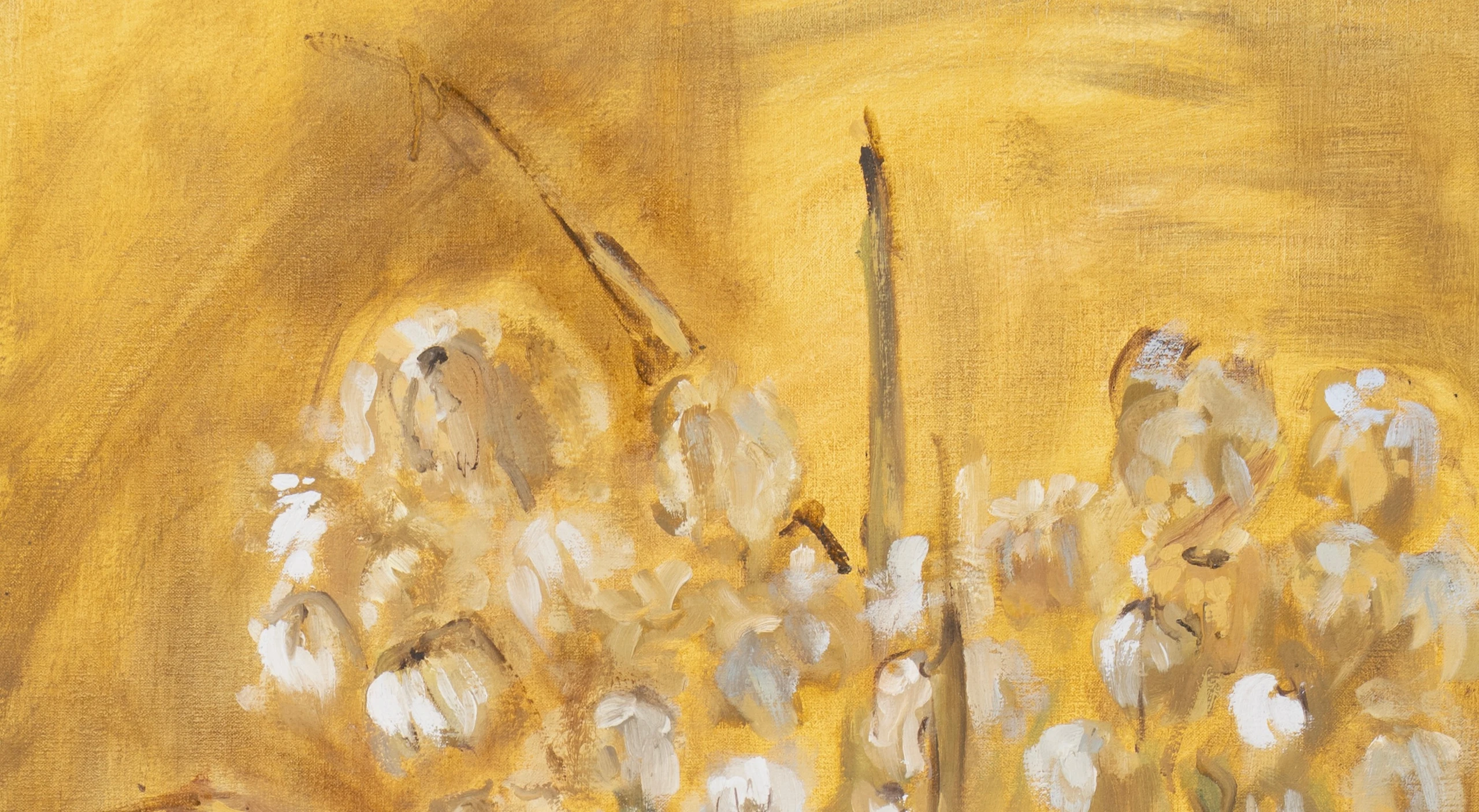 Detail of white flowers against an ochre background