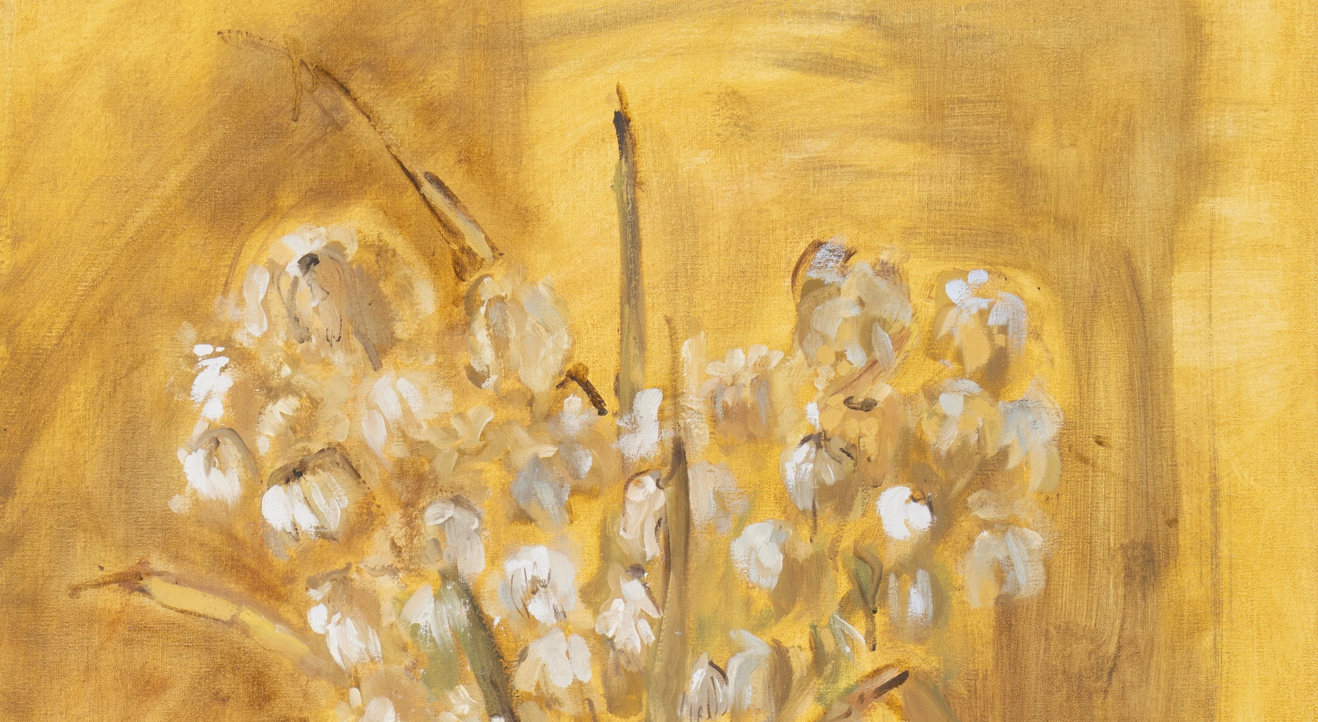 White flowers against an ochre background