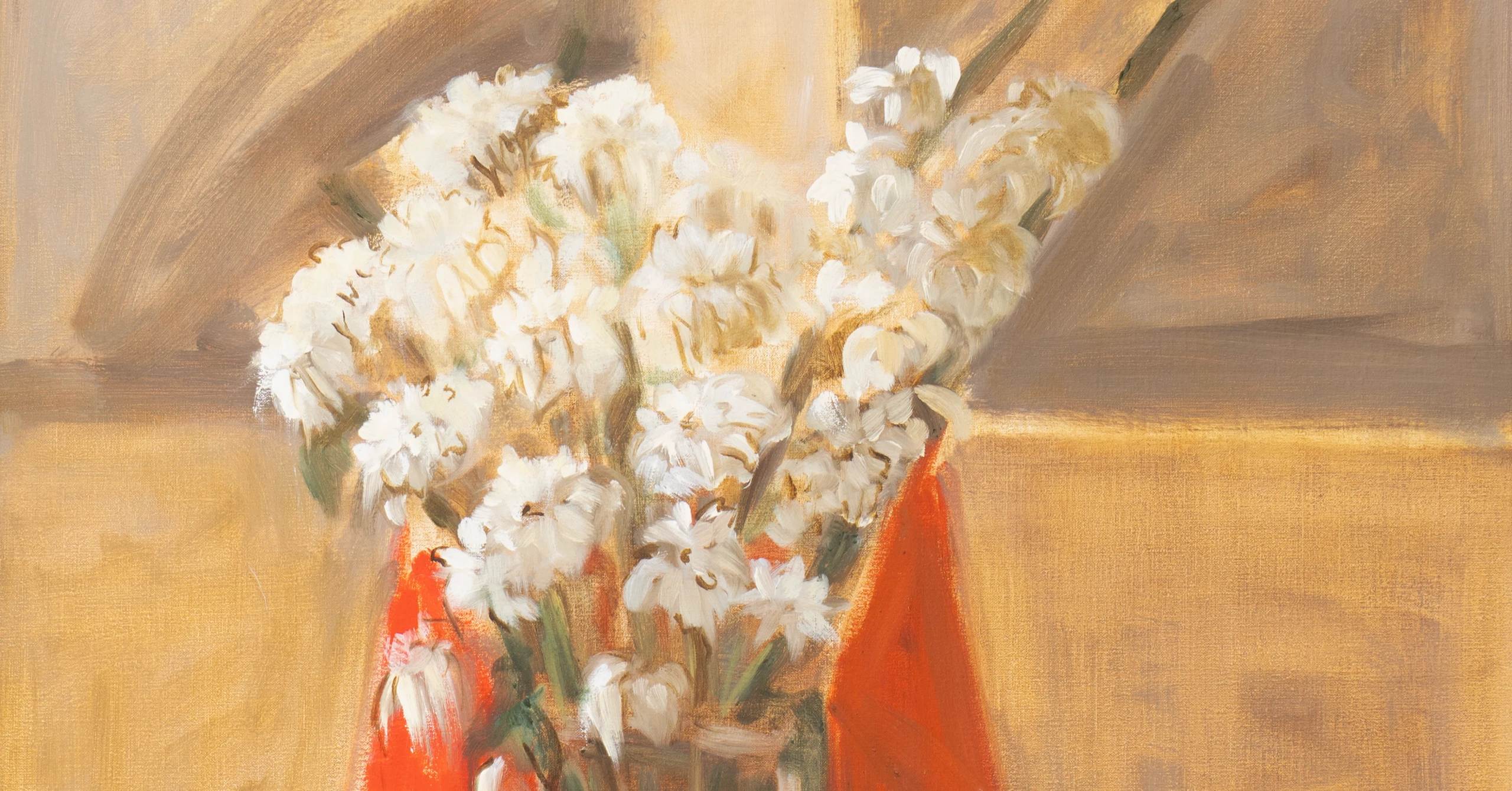 White flowers in a red vase