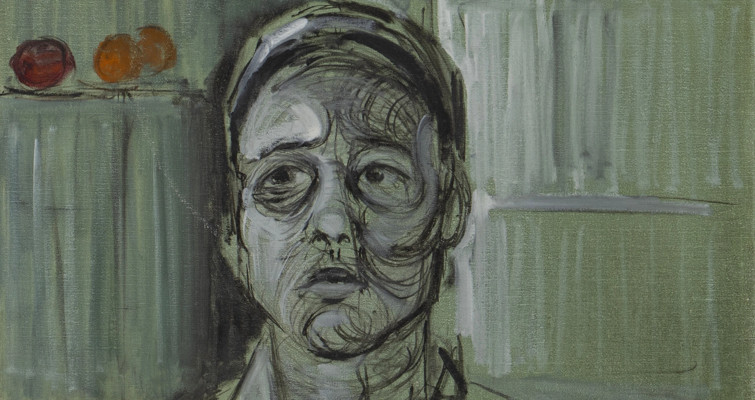 Portrait of a figure wearing a headwrap against a green background