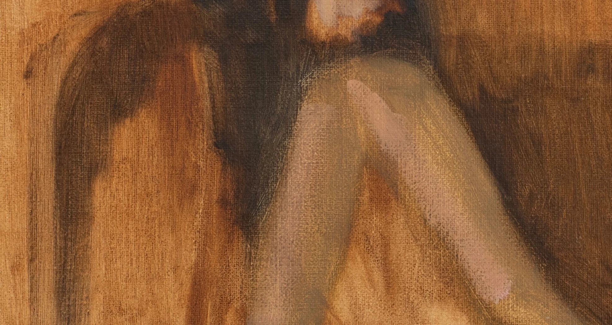 Detail of a seated figure against an ochre background
