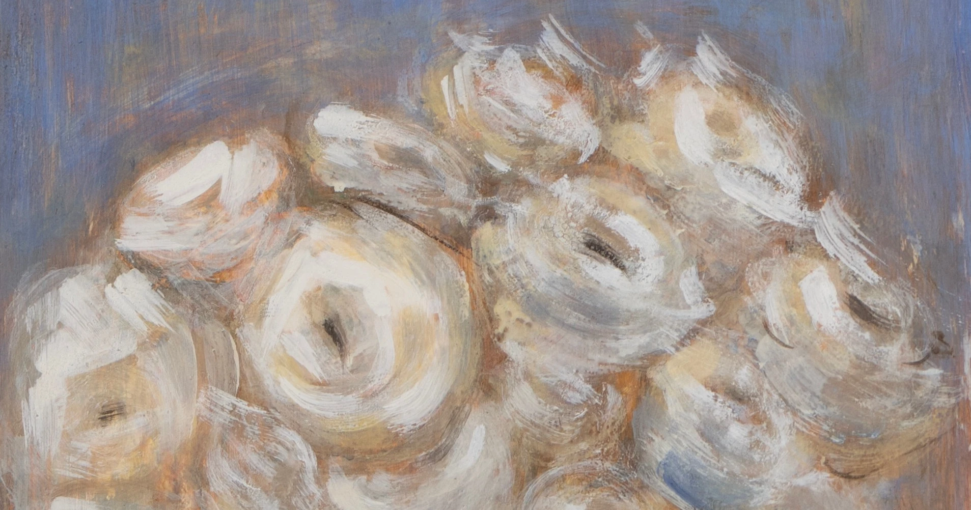 Detail of white roses against a blue-grey background