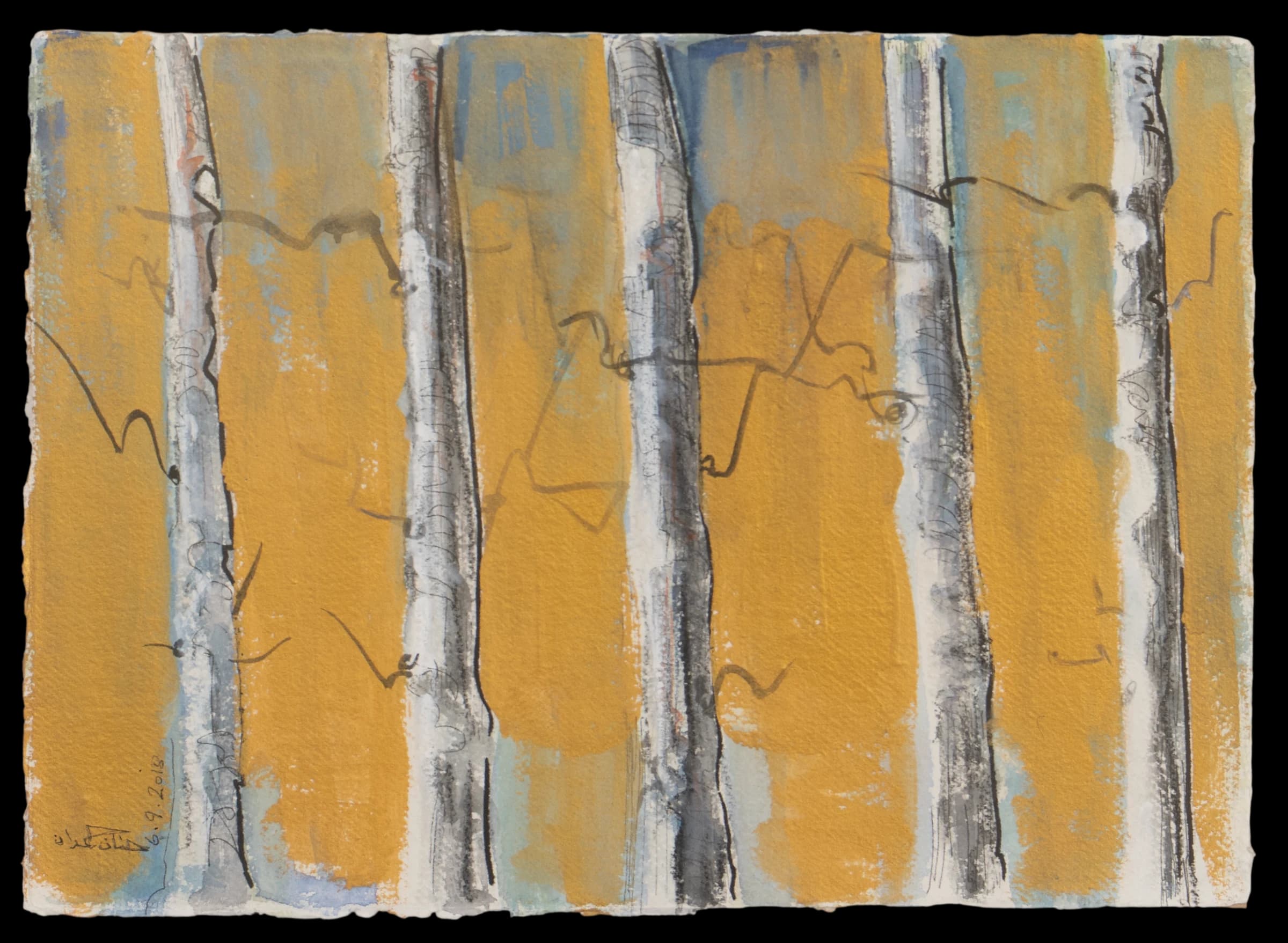 Artwork by Hanan Bahamdan with yellow and grey vertical forms