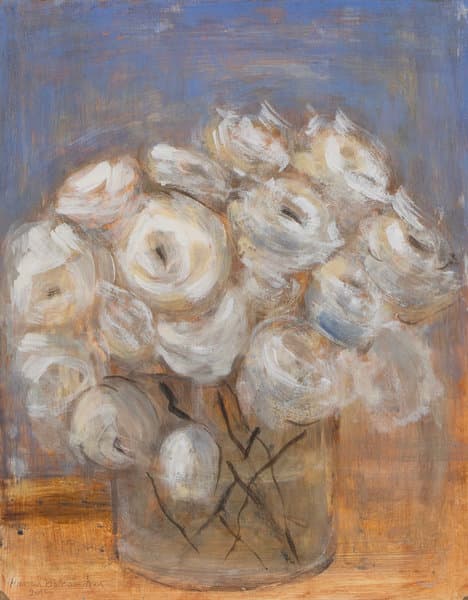White flowers against a blue ground