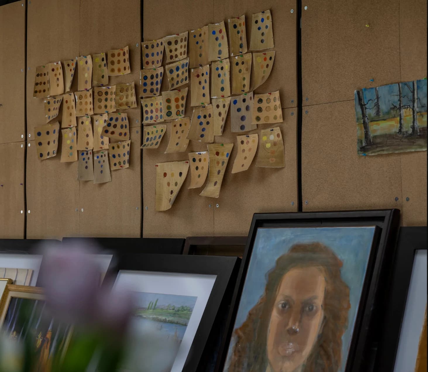 Colour studies and framed paintings in the studio